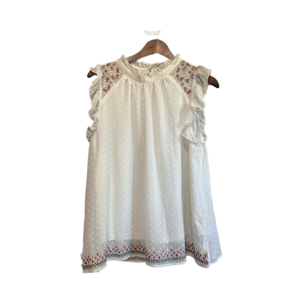 Savanna Jane Blouse Women L White Excellent Embroidered Swiss Dot Ruffle 18685